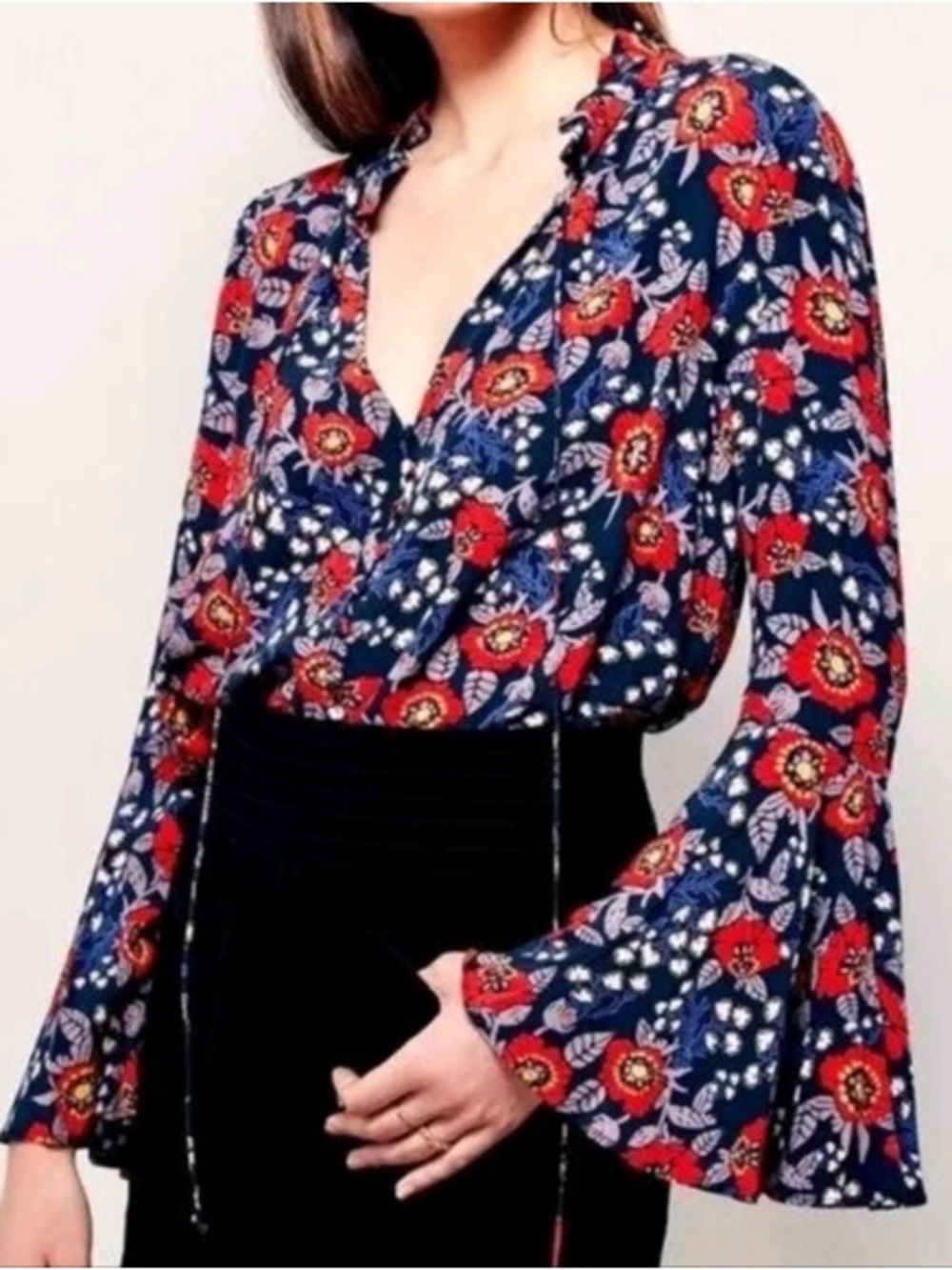 Free People Magic Mystery Tunic Floral V-Neck Bell Sleeve Blouse - Navy & Red